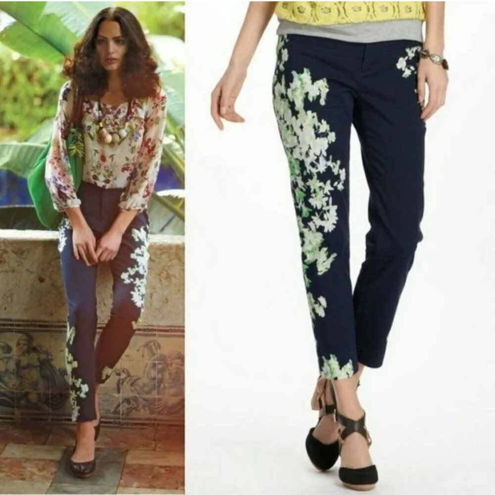 Anthropologie Navy Cropped Pants with Pale Green Floral Accent